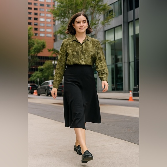 CLEO | Vintage Olive Mosaic Snack Skin Button Up Blouse Shirt - Picture 1 of 11